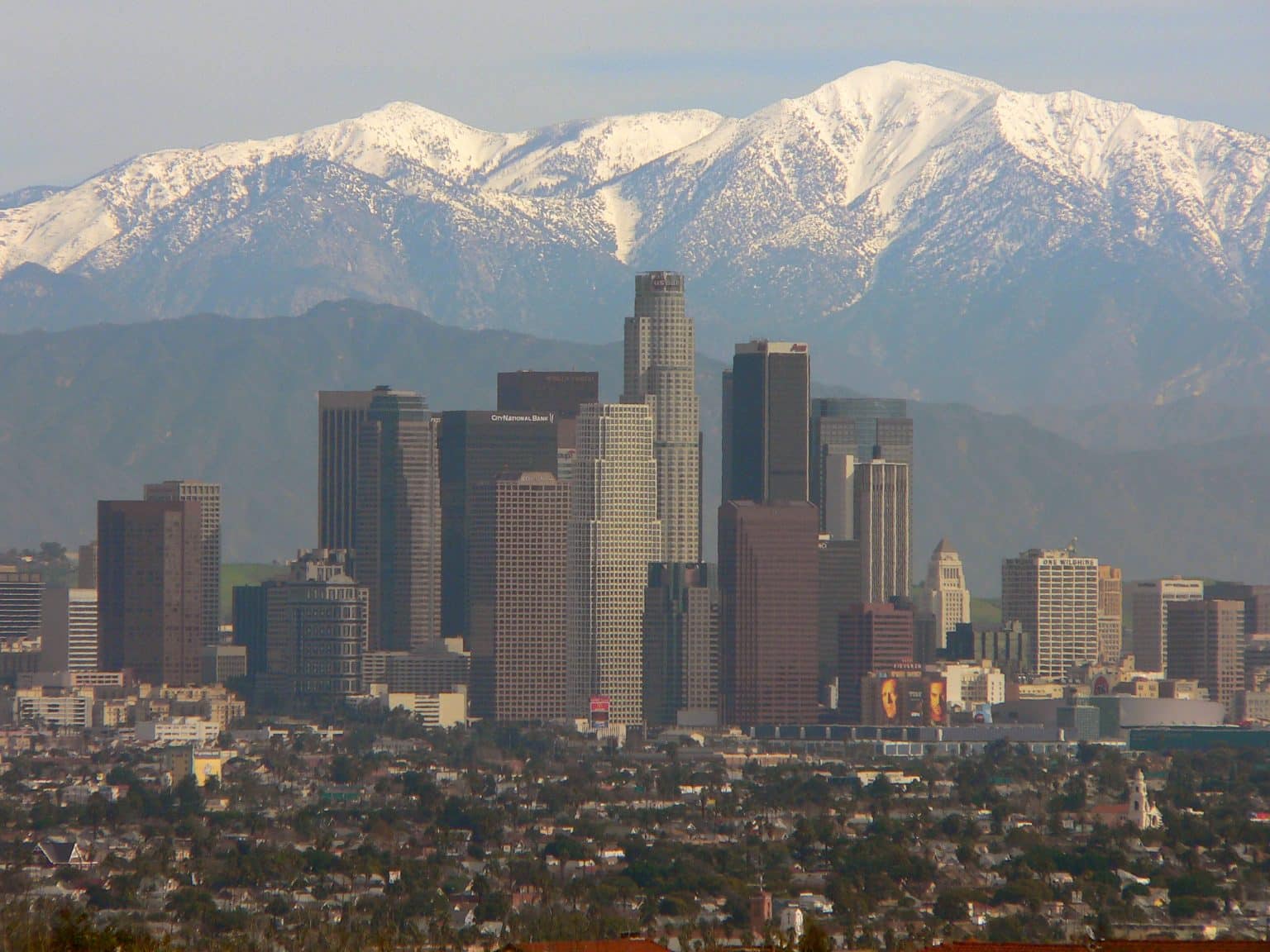 Downtown Los Angeles with the San Gabriel Mountains behind it