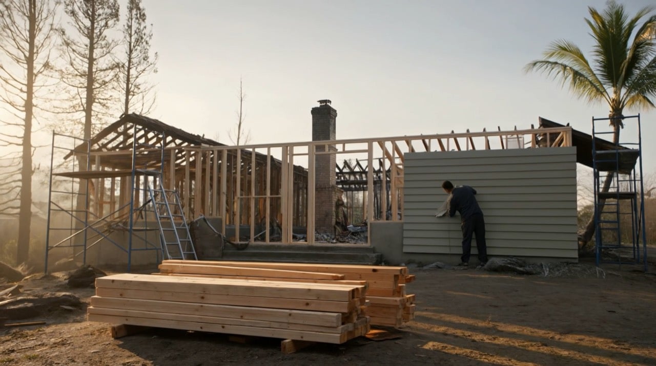 A home being rebuilt after a fire